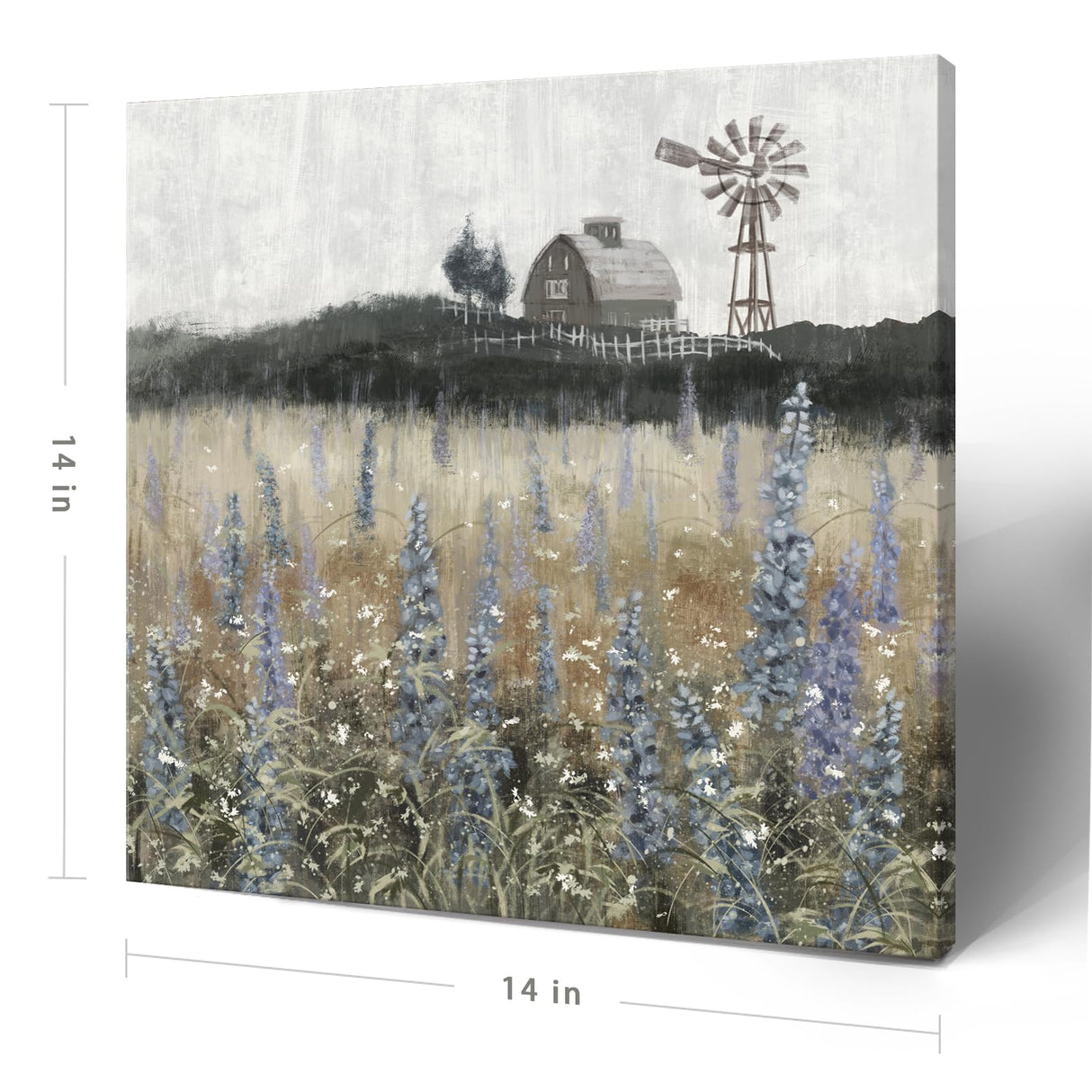 Bathroom Wall Art Vintage Farmhouse Canvas Print Retro Countryside Flower Field Nature Meadow Landscape Rustic Windmill Barn Picture Framed Artwork for Home Bedroom Living Room Black Purple 14x14inch Nicetop