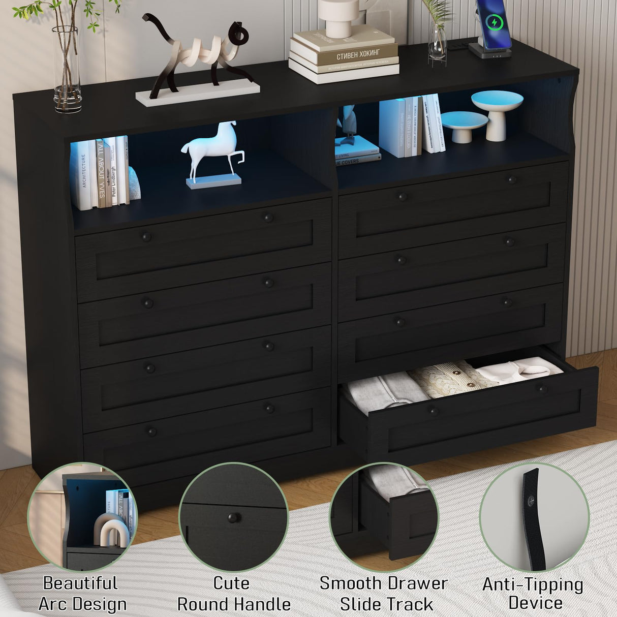 Black Dresser for Bedroom Deep Drawers, 55 Inch Tall Wooden Bedroom Dressers with Power Outlet and Led Lights, Large Modern 8 Drawers Dressers and Tv Stand Dresser for Living Room, Hallway GarveeHome