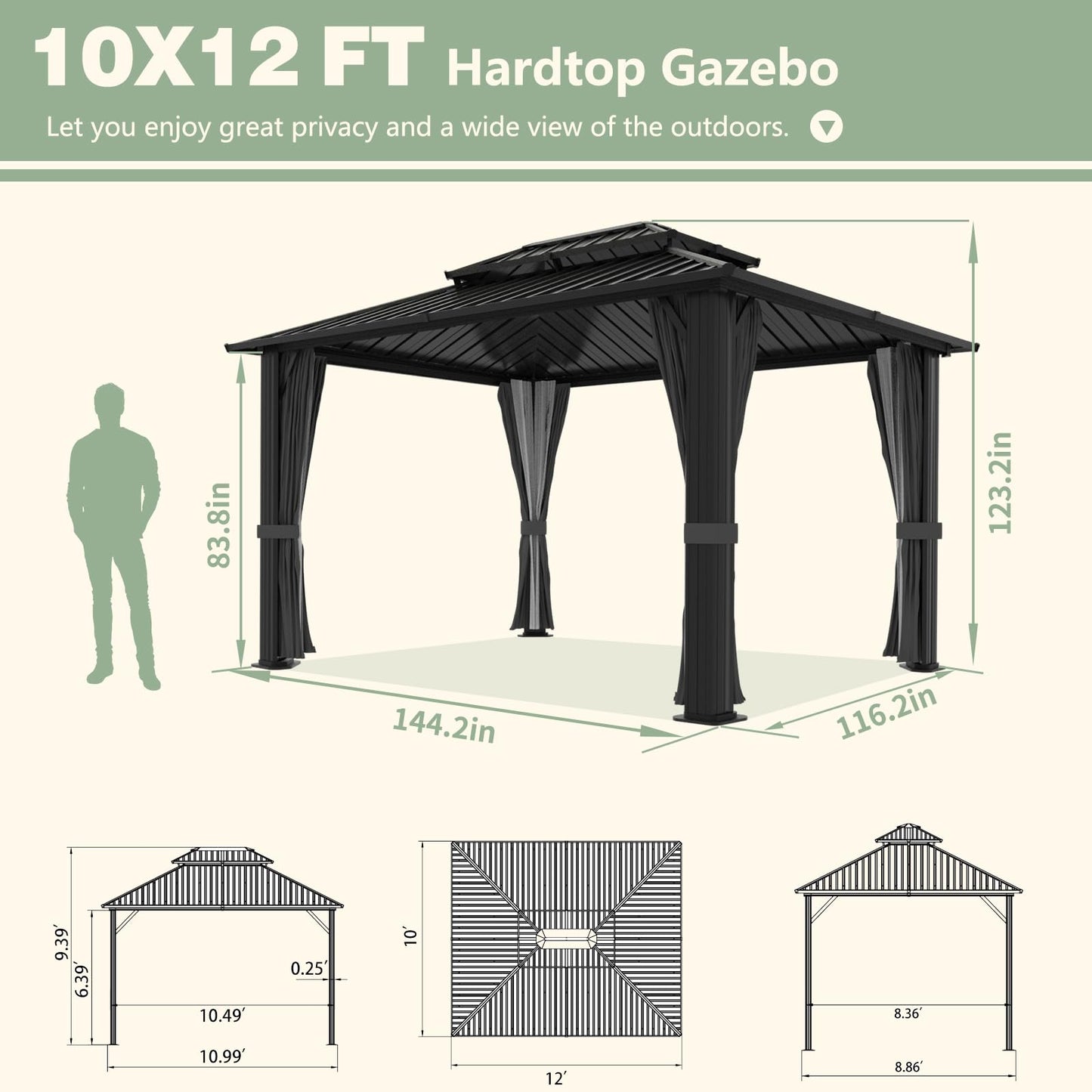 Yardenaler 10x12 FT Hardtop Gazebo Canopy with Double Galvanized Steel Roof, Permanent Outdoor Pavilion with Curtain & Mesh Netting for Patio. Garden, Backyard, Gray - WoodArtSupply