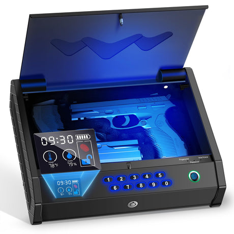 MOLICAR Gun Safe, Biometric Gun Safes for Handgun with LCD of Temp Humidity Battery, USB-C Port, Fingerprint Quick Access Pistol Safe for 2 Guns, Handgun Safe for Home Bedside Nightstand Car MOLICAR