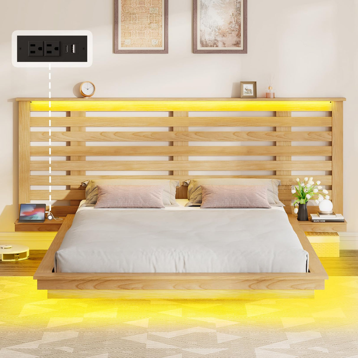 Albott Natural Oak Floating Bed Frame with Extended Headboard, LED Lights, and Integrated Charging Station Albott