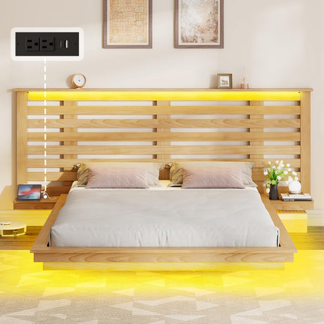 Albott Natural Oak Floating Bed Frame with Extended Headboard, LED Lights, and Integrated Charging Station Albott