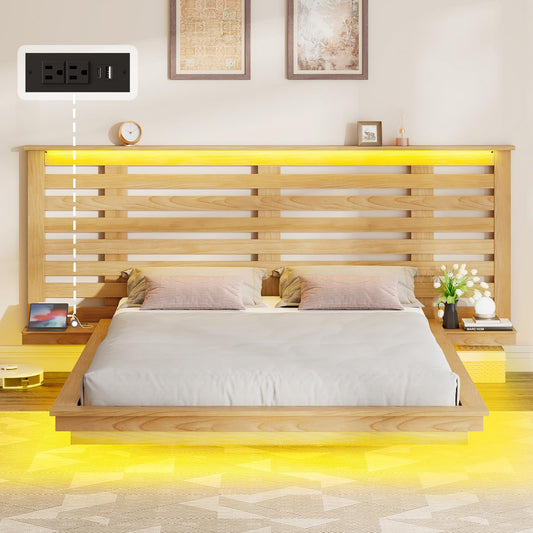 Albott Queen Floating Bed Frame with Extended Headboard & Storage Shelf Nightstands, Farmhouse Bed with LED Lights and Charging Station, No Box Spring Needed, Natural Oak