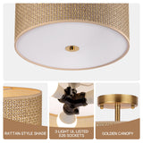 CLARSYNE 13" Woven Rattan Boho Ceiling Light Fixture, 3-Light Modern Semi Flush Mount Lamp with Drum Fabric Shade, Rustic Brown Lighting for Bedroom, Dining Room, Living Room, Hallway, Entryway CLARSYNE