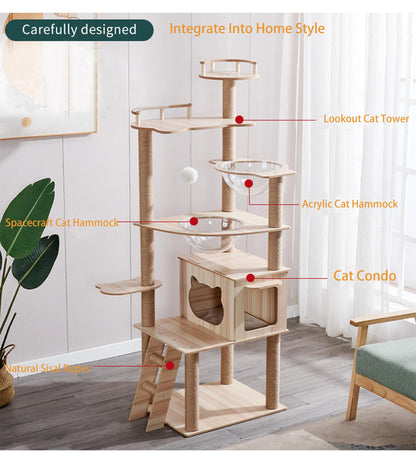 Oceskyha Cat Tree, Modern Cat Tree Tower for Indoor Cats - 67" Tall Wood Condo with Hammock, Scratching Post and Toy for Small Large Cats (Natural Color 01) - WoodArtSupply