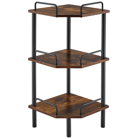 Tajsoon 3-Tier Industrial Corner Shelf Stand in Rustic Brown - Versatile Display Unit for Any Room - WoodArtSupply