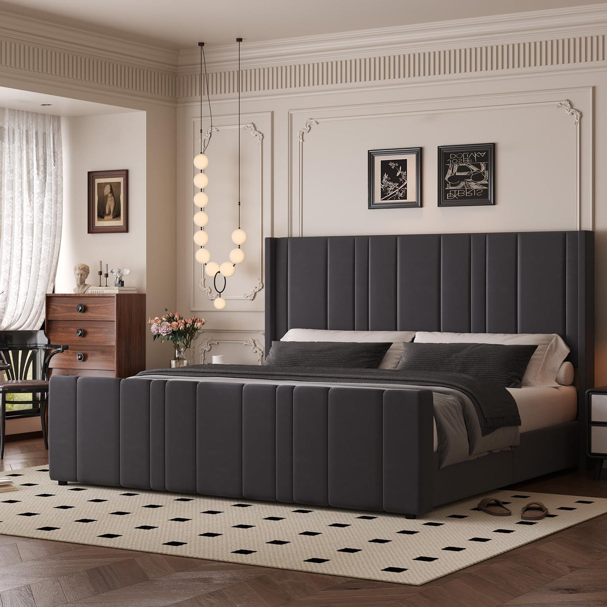 King Size Bed Frame and Headboard, Modern Velvet Upholstered Bed Frame with Vertical Channel Tufted Headboard & Footboard, Soft Bed Frame King, Noise Free, No Box Spring Needed, Easy Assembly, Grey HOMBCK