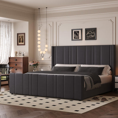 King Size Bed Frame and Headboard, Modern Velvet Upholstered Bed Frame with Vertical Channel Tufted Headboard & Footboard, Soft Bed Frame King, Noise Free, No Box Spring Needed, Easy Assembly, Grey