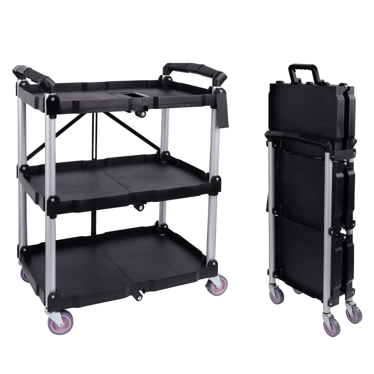 ELEVON Portable Folding Collapsible Service Cart Foldable Service Cart 3 Tier Collapsible Push Cart Folding Utility Carts with Wheels for Office Warehouse Home, Black