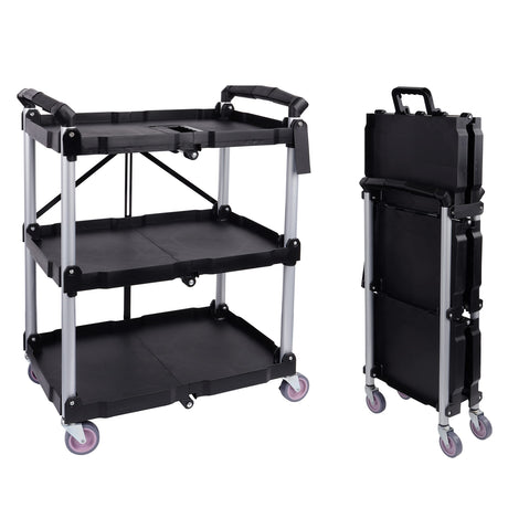 ELEVON Portable Folding Collapsible Service Cart Foldable Service Cart 3 Tier Collapsible Push Cart Folding Utility Carts with Wheels for Office Warehouse Home, Black Elevon