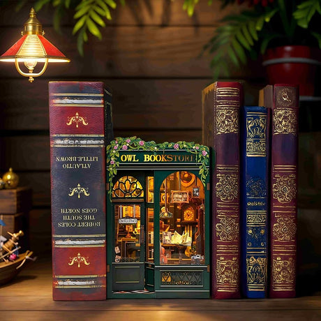 Cutefun Book Nook Kit - DIY Miniature House Kit for Bookshelf Decor, Book Nook Kits for Adults & Beginners, 3D Wooden Puzzle Dollhouse, Ideal Gift for Family and Friends (OWL Bookstore) Cutefun