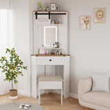 ARTETHYS Small Vanity Desk Set with Lights and Mirror Makeup Vanities with Drawers for Corner Space White Farmhouse Make up Dressing Table with Storage Stool for Bedroom ARTETHYS