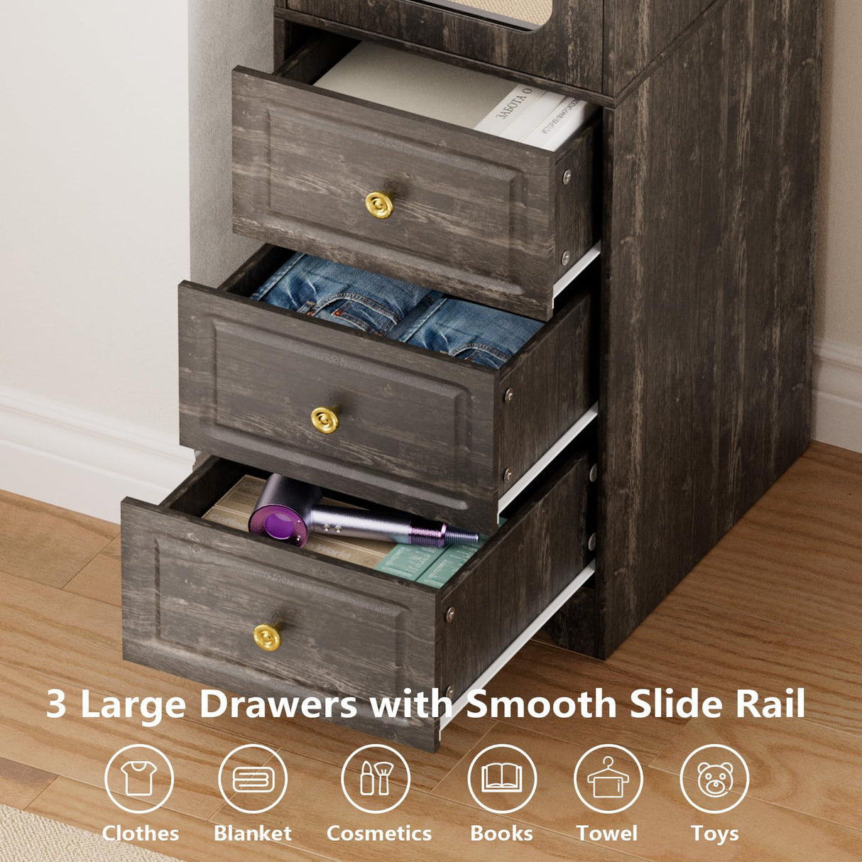 JanfltHome Armoire Wardrobe Closet, 69.5" H Wood Bedroom Armoires Cabinet with Mirror Door and 3 Drawers, Rustic Brown Clothing Storage Cabinet with Hanging Rod & Sensor Light for Bedroom-Right JanflyHome