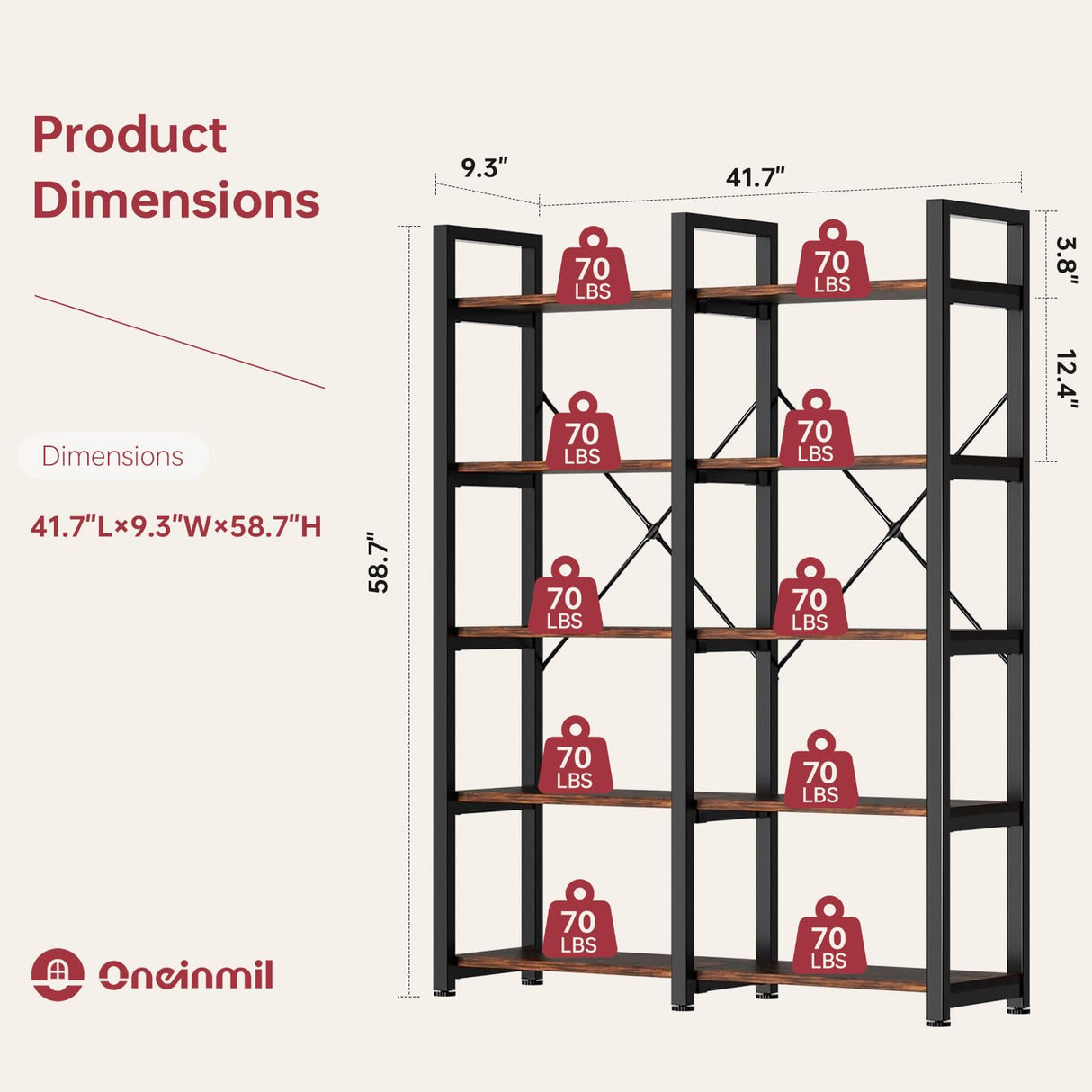 oneinmil Bookshelf 5 Tier, 58.7'' Industrial Book Shelf, Wooden Bookshelves with 10 Open Display Shelves, Vintage Storage Rack, Standing Wide Bookcase for Home and Office, Rustic Brown oneinmil