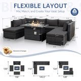 NICESOUL 8 Seater Outdoor Patio Furniture Sectional Sets with Firepits Table Natural Gas Propane, 29.3'' High Back Comfy Wicker Conversation, 9 Piece Deep Wide Modern Modular Sofa for Backyard, Grey NICESOUL