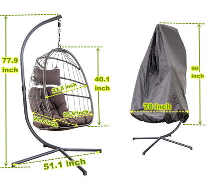 MOJIA Egg Chair with Stand and Oxford Cover, 450lbs Capacity Patio Wicker Hanging Swing Chair with UV Resistant Cushion and Foldable Seat Basket