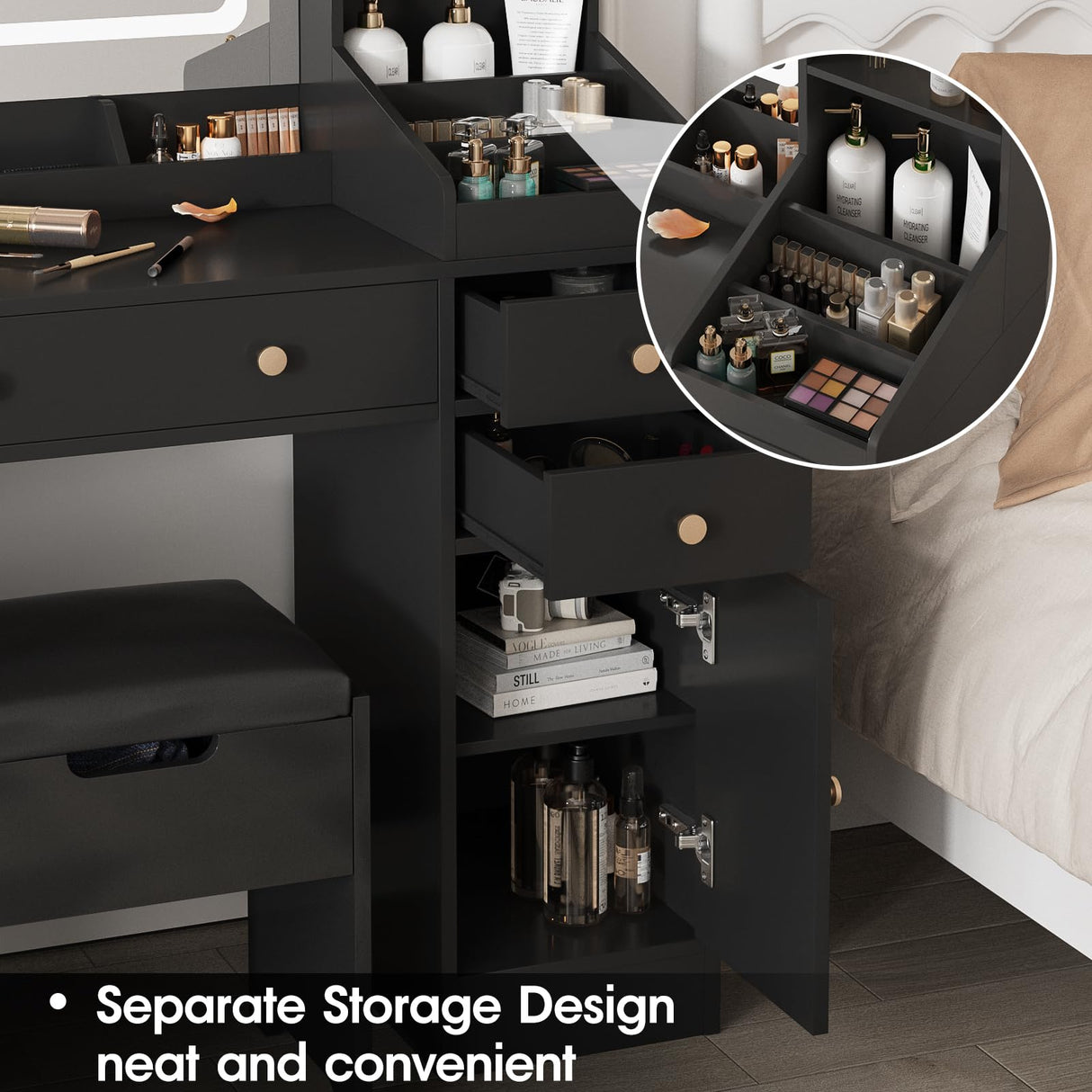 Fameill Black Makeup Vanity with 10 Lights & Power Outlets, Big Vanity with 3 Storage Compartments, Vintage Vanity Set with Large Drawers and Storage Cabinet, 45in Fameill