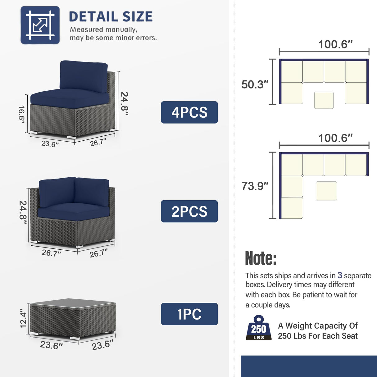 SUNCROWN 7-Piece Outdoor Patio Furniture Sofa Set All-Weather Wicker Sectional Conversation Set with Modern Glass Coffee Table and Cushions-Dark Blue SUNCROWN