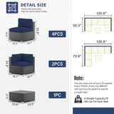 SUNCROWN 7-Piece Outdoor Patio Furniture Sofa Set All-Weather Wicker Sectional Conversation Set with Modern Glass Coffee Table and Cushions-Dark Blue SUNCROWN