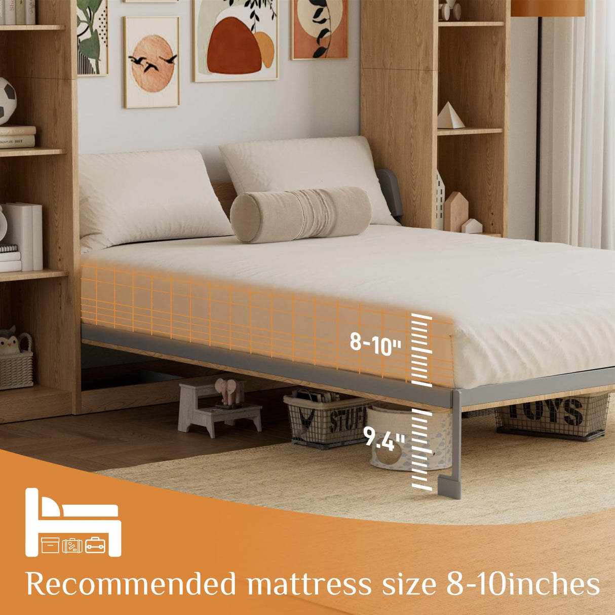 Queen Murphy Bed with Storage Bookcase & 4 Adjustable Shelves,Foldable Space-Saving Queen Wood Wall Bedframe with Metal Legs,Hidden Bedframe for Guest Room,Study,Home,Office,Bedroom,Natural Wood Color BEQAI