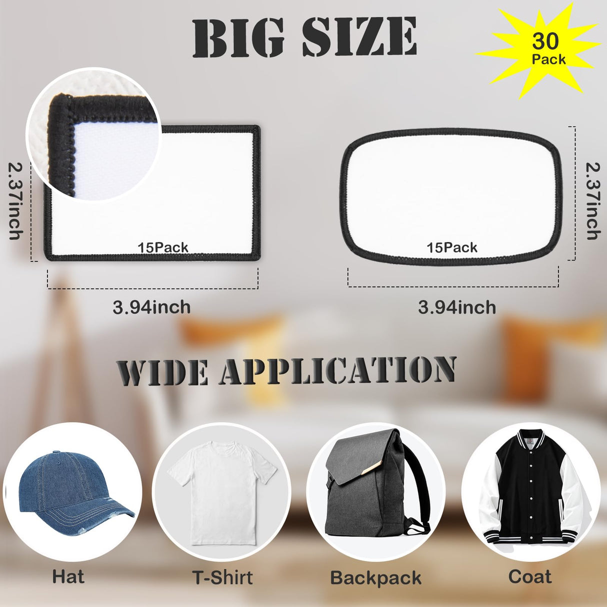 30 PCs Sublimation Patches - Iron On Blank Patches for DIY Hats Caps Backpack Uniforms Crafts - Rounded Rectangle and Rectangle Shape Gadjica