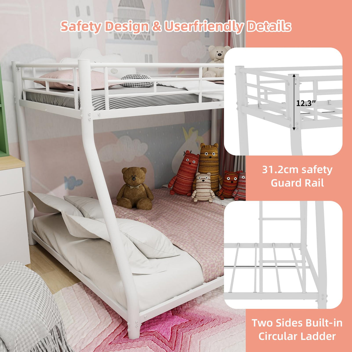 Bellemave Twin Over Full Metal Floor Bunk Bed with Inclined Ladder,Heavy Duty Bunk Beds for Adults,Twin Over Full,White Bellemave