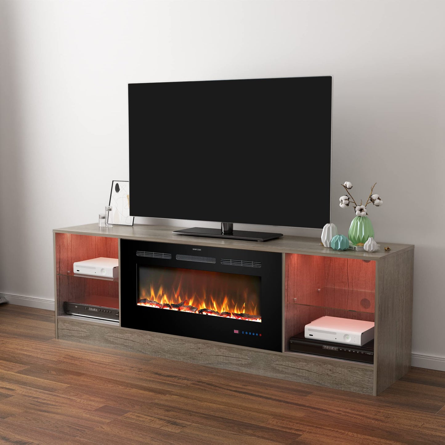 Kentsky 72" Fireplace TV Stand, Entertainment Center with 36" Electric Fireplace, LED Light Wood Storage Cabinet Table, Media Console for TVs Up to