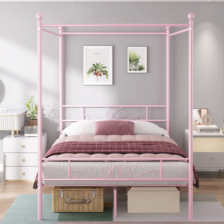 Weehom Full Canopy Bed Frame with Headboard and Footboard, 4 Posters Metal Bed Frame, No Box Spring Needed, Mattress Foundation Platform Bed for Kids and Adults, Pink Weehom