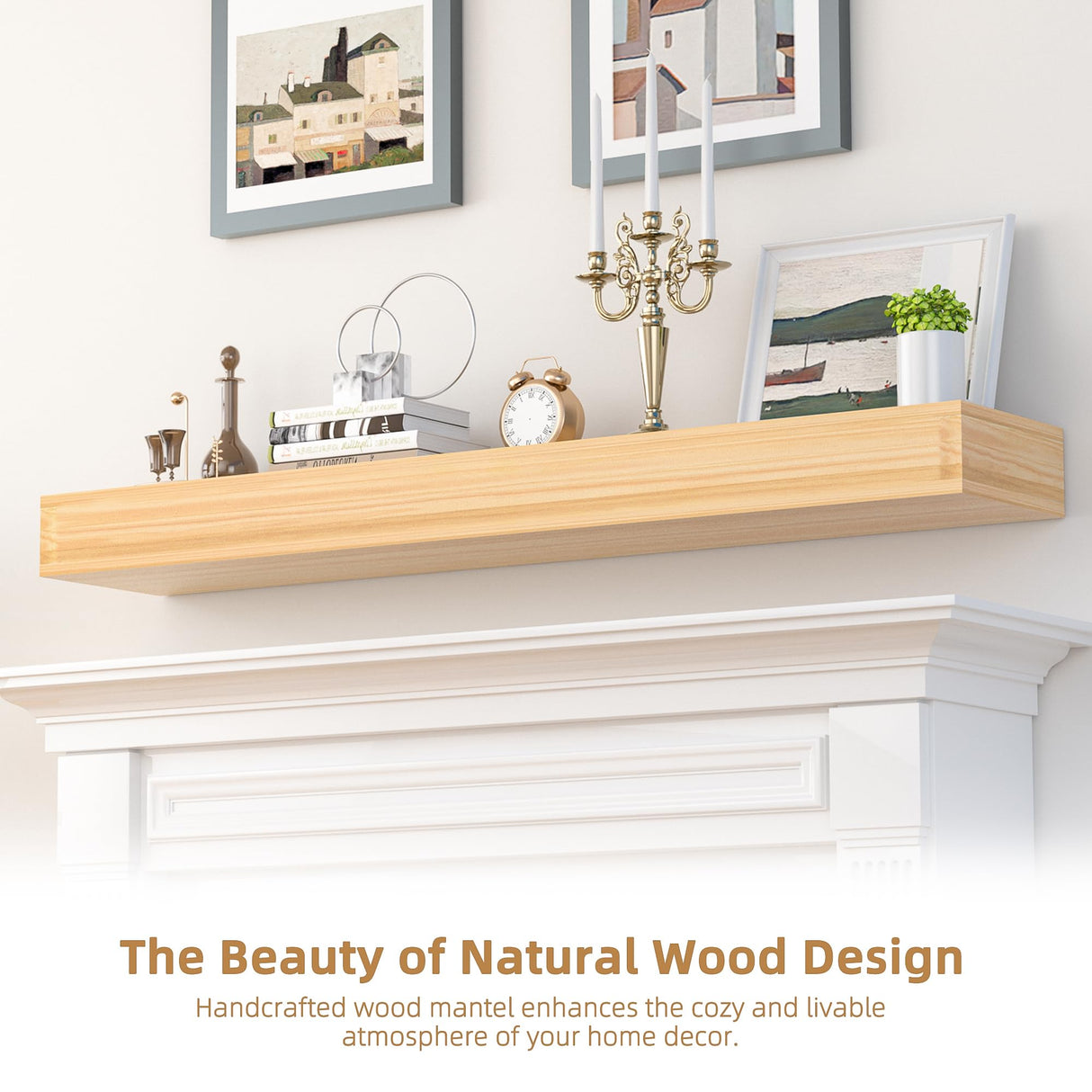 AZSKY Natural Wood Floating Fireplace Mantel Shelf 36 Inch Mantels for Over Fireplace Wall Mounted Farmhouse Fireplace Mantel Shelf with Invisible Bracket One Piece Floating Book Shelves AZSKY