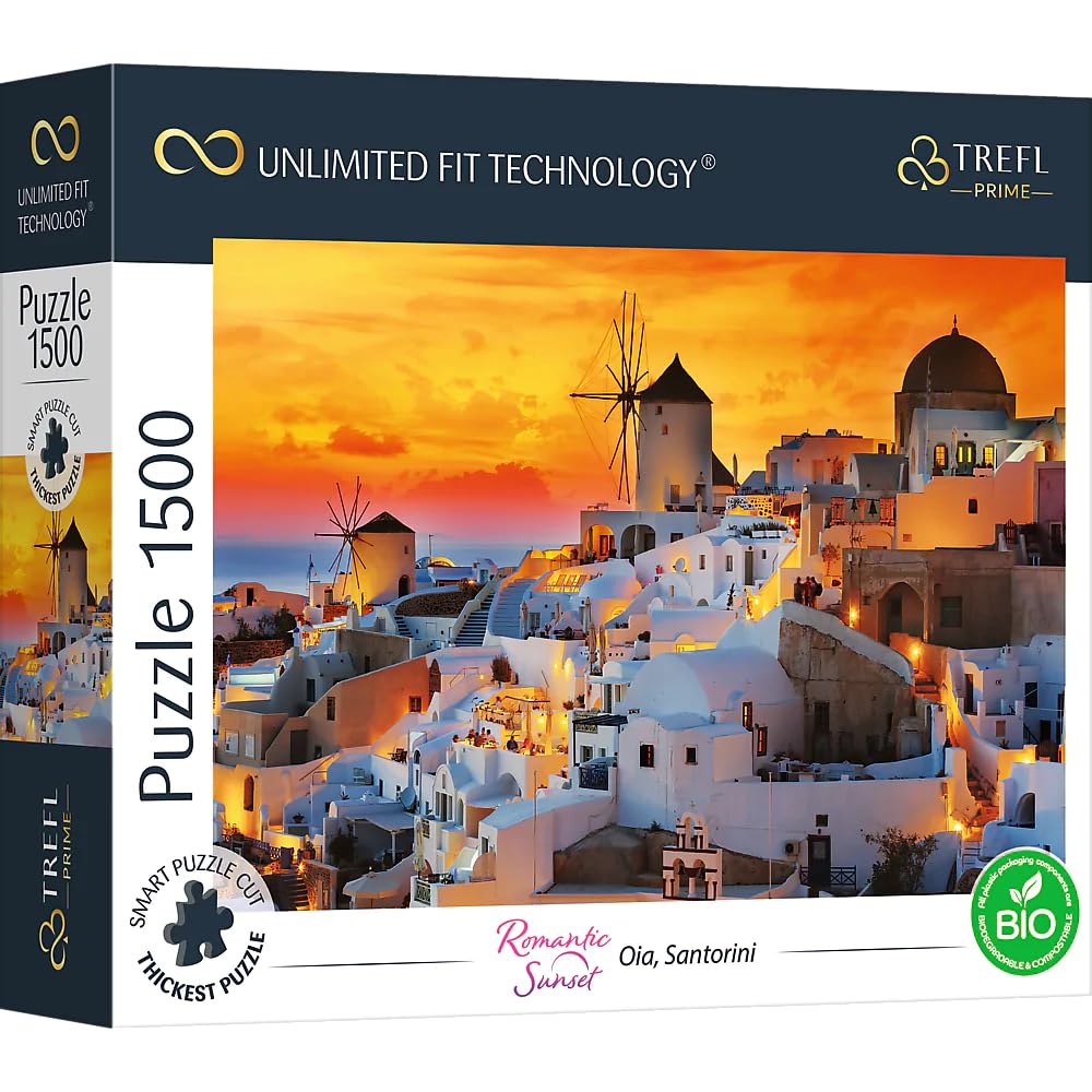 Trefl Romantic Sunset: Oia, Santorini 1500 Piece Jigsaw Puzzle Prime 33"x23" Thick Cardboard, Greece, Sunset, Vacation, Creative Entertainment for Adults and Children from 12 Years Old Trefl
