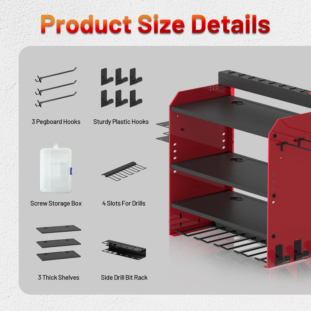 Power Tool Organizer Wall Mount with Charging Station, Garage 4 Drill Storage Shelf with Cordless Tool Holder, Heavy Duty Rack with 8 Outlet Power Strips and Hooks, Gift for Men, Husband (4 Layer) OKCHILD