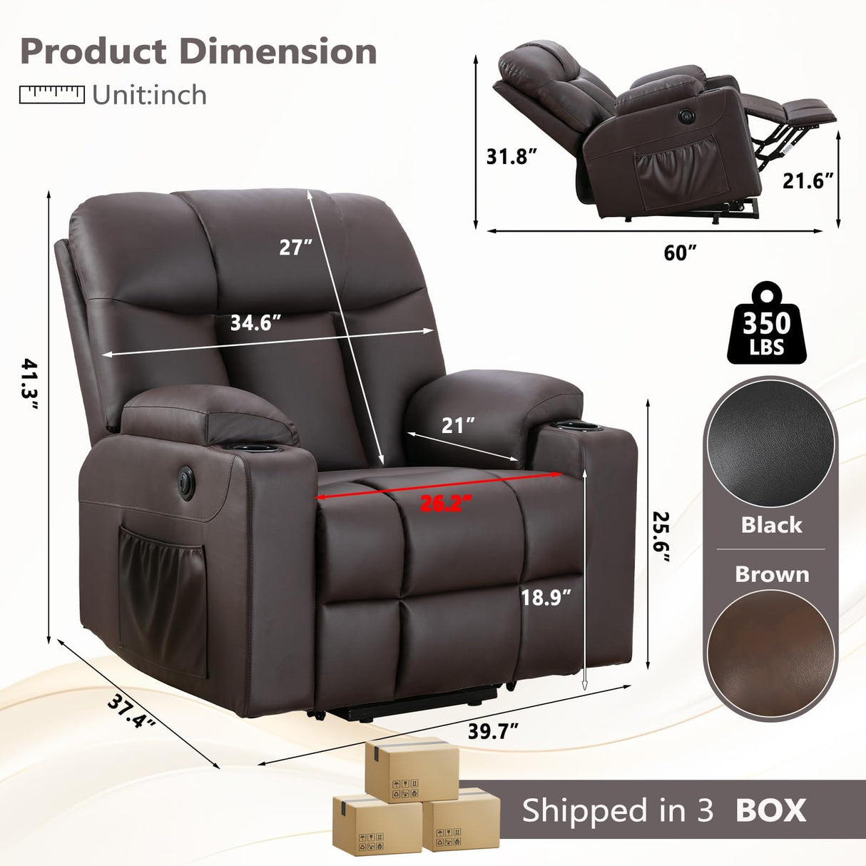 ANJ Brown Power Lift Recliner Chair for Elderly with Heat & Massage, Faux Leather Electric Recliner Sofa with Cup Holders, USB Port & Side Pockets, Heavy Duty Reclining Chair for Seniors ANJ