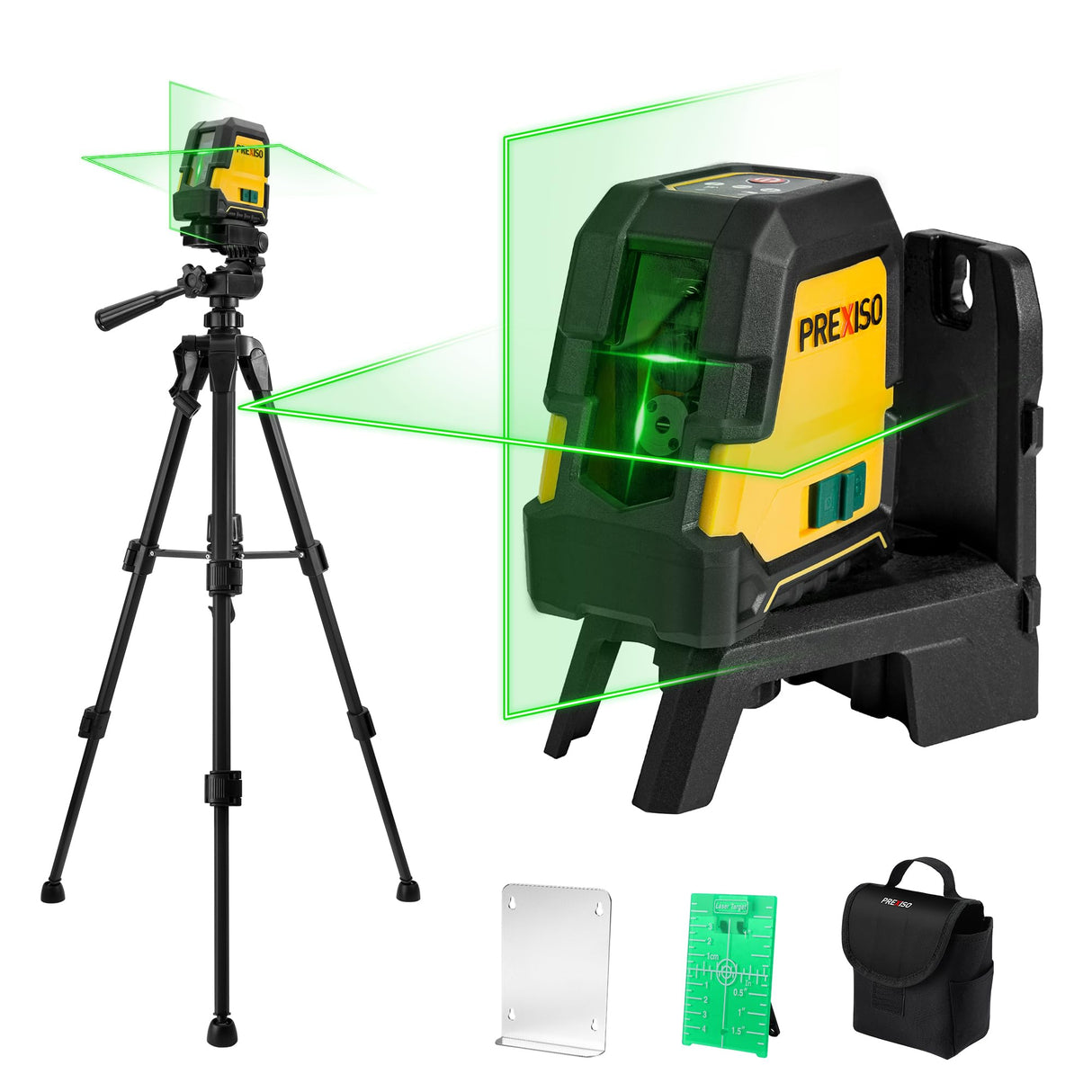 PREXISO Laser Level with Tripod - 100Ft Rechargeable Dual Modules Line Laser, Self Leveling Wide Angle Cross Leveler Tool for Construction, Floor Tile Renovation with Magnetic Base, Target Plate, Bag Prexiso