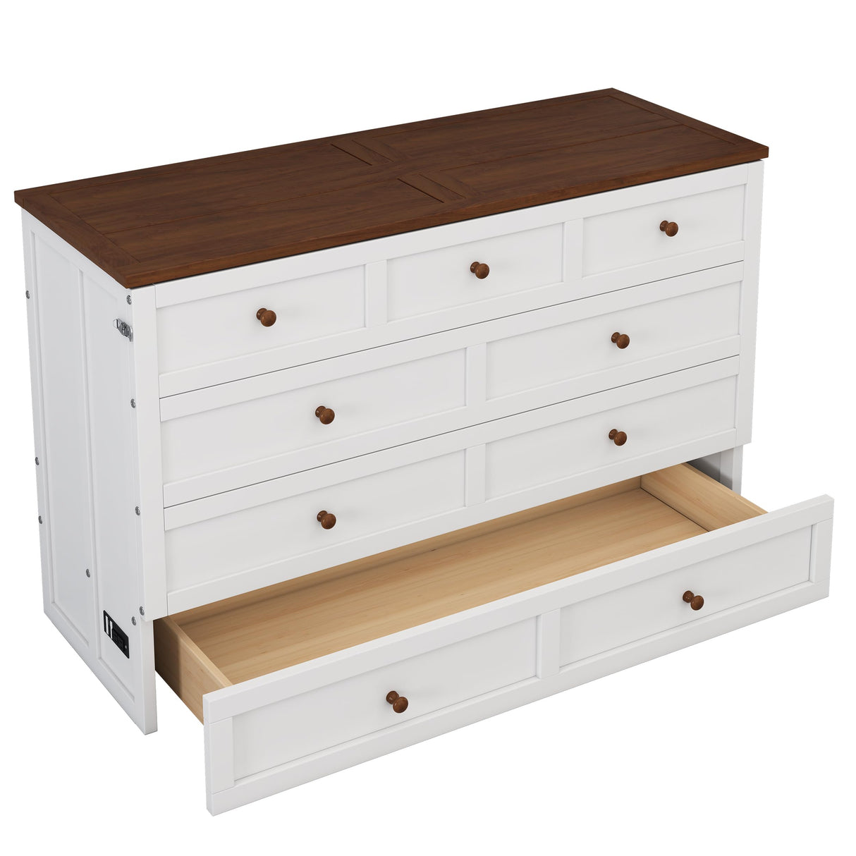 YOPTO Full Size Solid Pine Wood Murphy Bed Chest with USB Port & Large Storage Drawer,Hidden Cabinet Bed,Foldable Wall Bed,for Kids Bedroom,Student Dorms,Office,Small Room,White+Walnut YOPTO