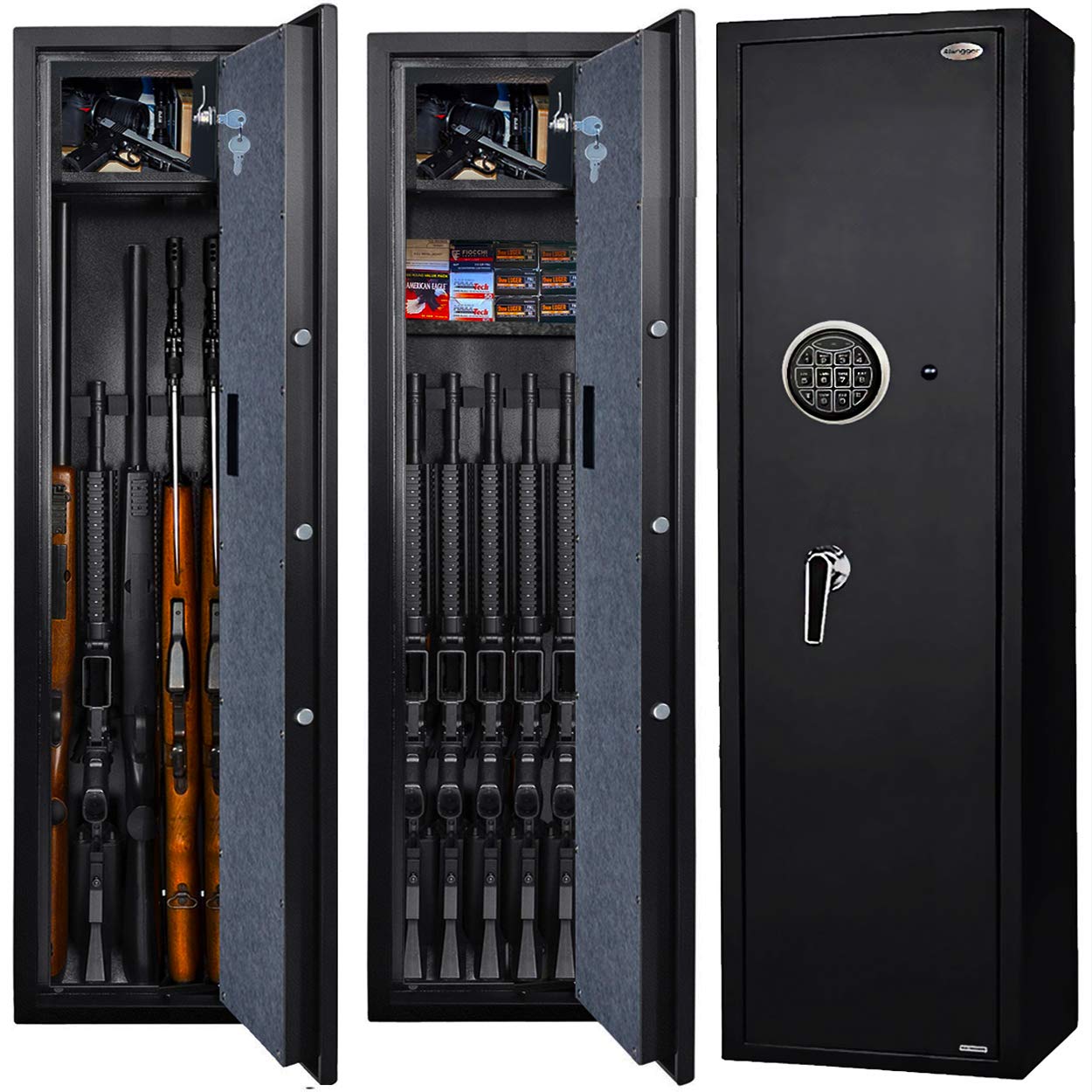 Langger V Gun Safe for Rifle, Upgraded Quick Access 5-6 Gun Large Rifle Gun Security Cabinet for Rifle Shotgun Firearms with/without Optics with Pistol Lock Box, Removable Storage Shelf BLACK