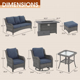 SUNSITT Outdoor Furniture Set with Fire Pit Table Wicker Patio Conversation Set 9-Piece Patio Sectional Furniture Set with Gas Firepit with Swivel Patio Chair Grey Wicker & Denim Blue Cushion SUNSITT