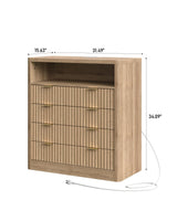 FUSOU Fluted Night Stand for Bedroom, Storage Organizer with 4 Drawers, Chest of Drawers with LED Light & Charging Station, Modern Farmhouse Dresser for Bedroom, Living Room, Hallway, Natural Oak FUSOU