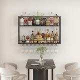 Woskar Wall Mounted Wine Rack 2 Tier, Metal Bar Liquor Shelves and Glass Holder,Wall Bar Shelf Wine Display Storage Holder for Home Bar, Dining Room, Kitchen(31.4×7.8×26in) Woskar