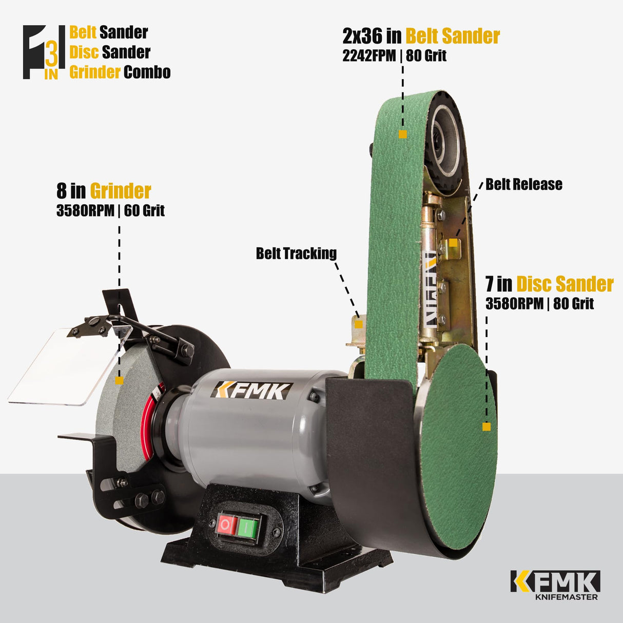 KFMK 𝟑𝐢𝐧𝟏 2"x36" Belt Sander 7" Disc Sander and 8" Grinder Combo, 3.1 Amp Bench Belt Sander for Metal Working, 2 inch Belt Grinder for Knife Making and Sharpening, KF8236 KFMK