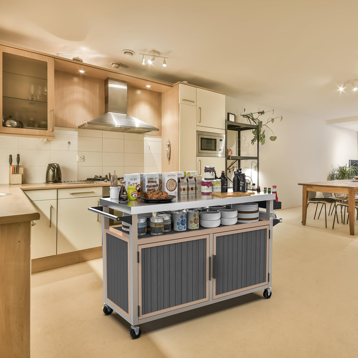 Skyflame Outdoor BBQ Storage Cabinet with Wheels, XL Stainless Steel Tabletop Grill Cart for Food Prep, Portable Kitchen Island Grilling Accessory for Patio, Backyard, Home Party, Bar Skyflame