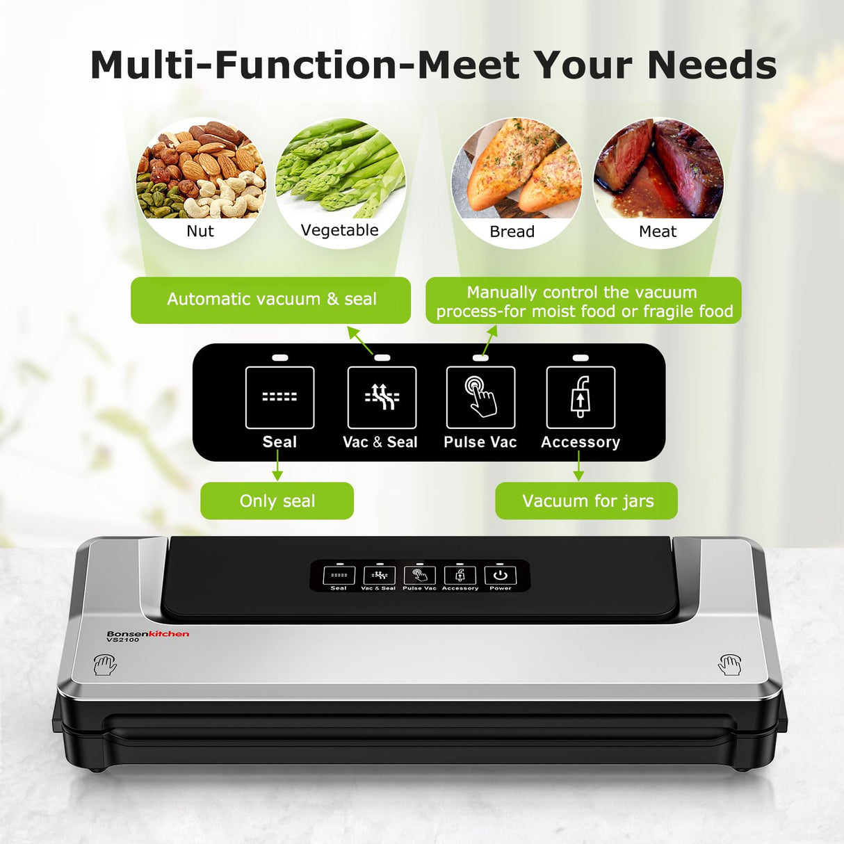 [Updated 2025] Bonsenkitchen Vacuum Sealer Machine + 40 Vacuum Bags, Fast-Compact/Multi-Functional Food Vacuum Sealer with External Vacuum System, Silver Bonsenkitchen