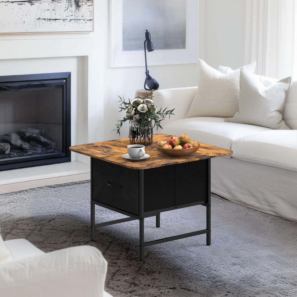 Shinoske Square Coffee Table with Storage Drawer,Small Coffee Tables for Living Room,2-Tier Farmhouse Center Table with Round Corners for Small Space,Small Apartment,Office,Rustic Brown Shinoske