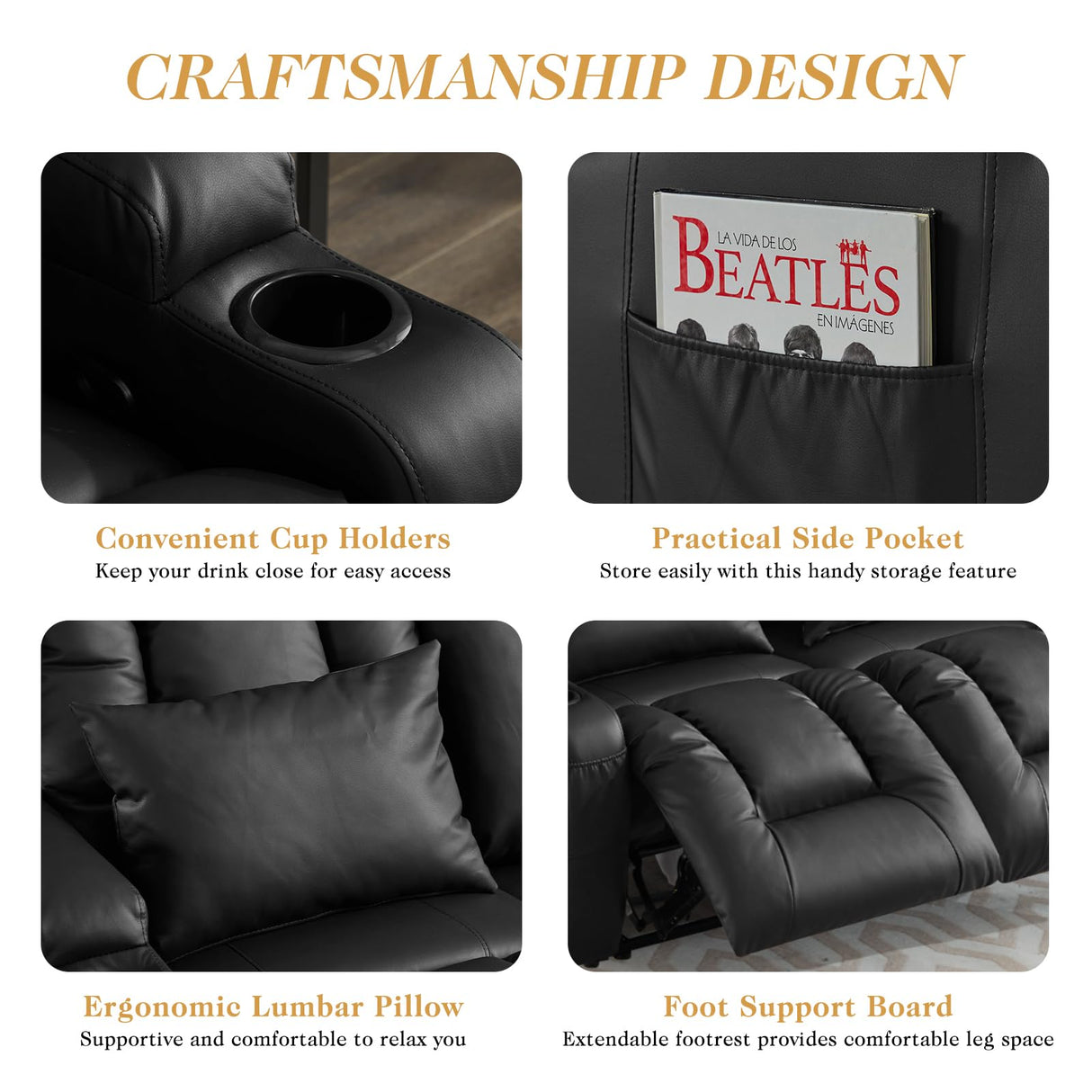 Loveseat Recliner Sofa,RV Couch 6'' Wall Hugger Recliners for Small Spaces,Faux Leather Reclining Loveseat Sofa Recliner with Cup Holders/Lumbar Pillows,RV Furniture (Black, Loveseat) Generic