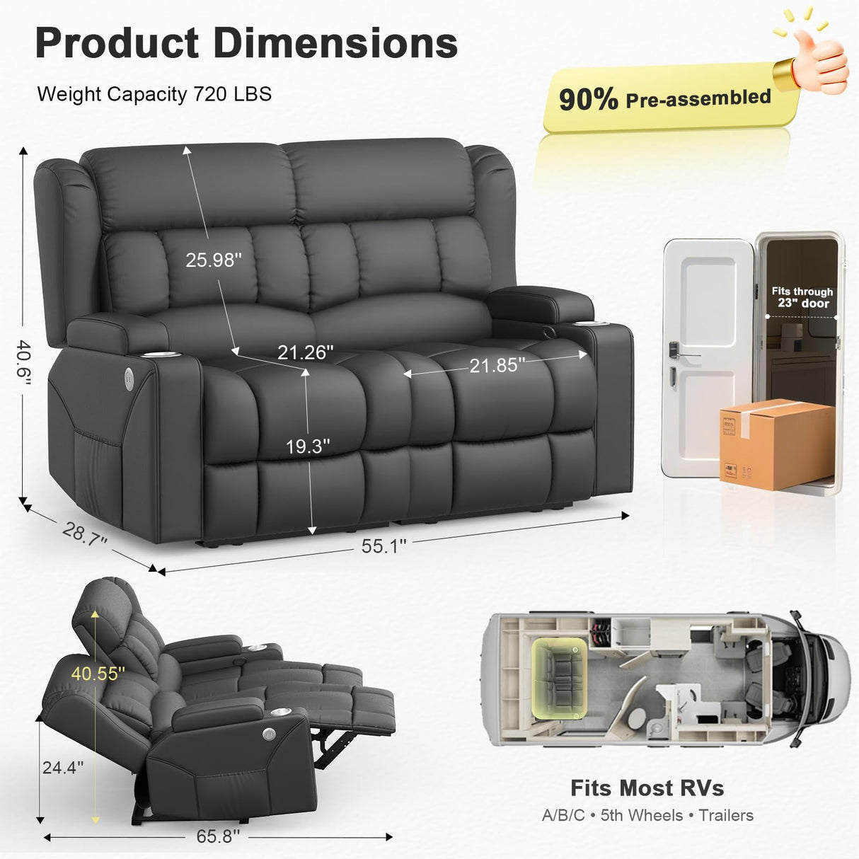 MOSGAT RV Loveseat Recliner Sofa, Reclining Loveseat Home Theater Seating with USB Ports, Cup Holders, Insert Pockets, Wall Hugger RV Recliners for Movie Room, Recline Movie Seats Gaming Sofa, Gray MOSGAT