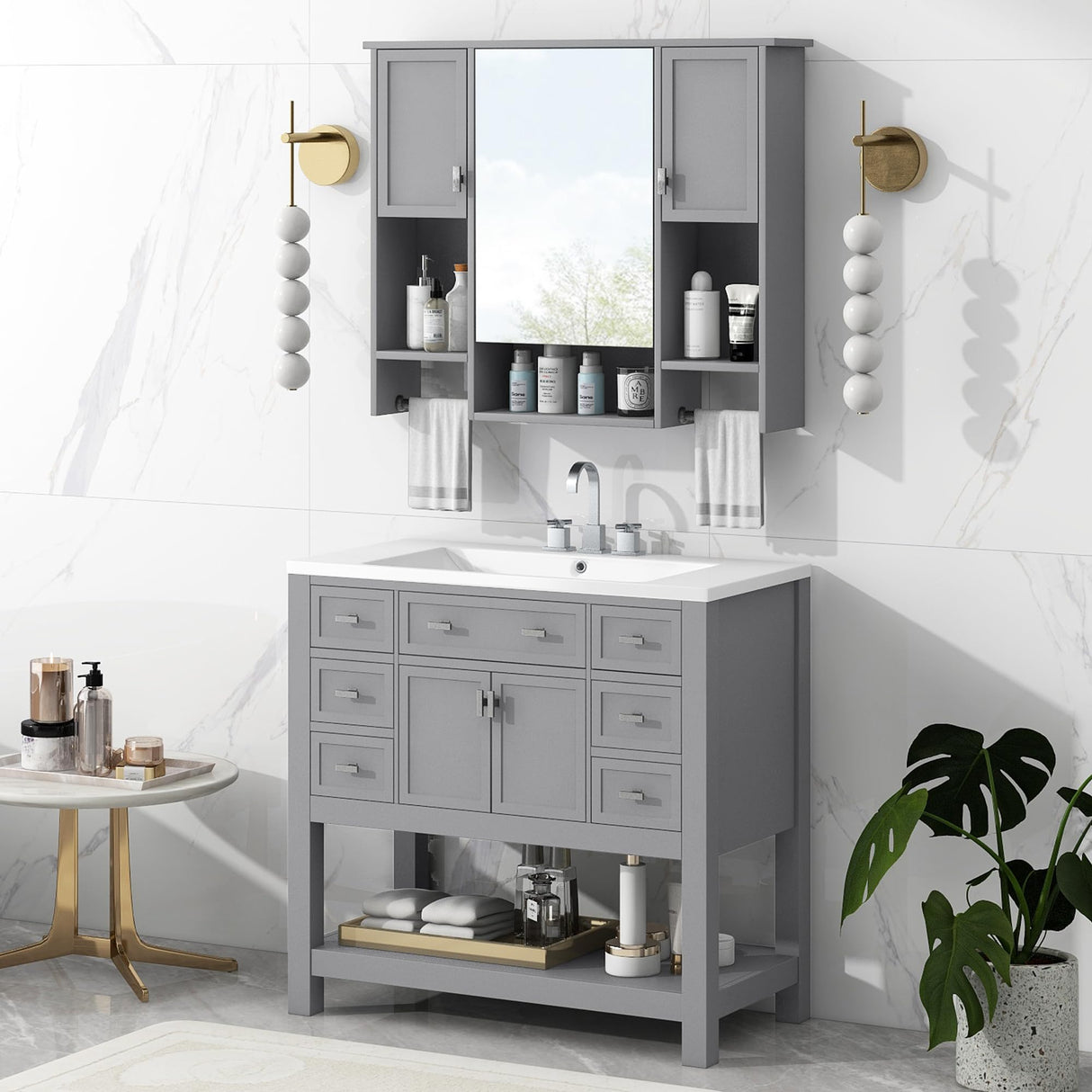 Virubi Bathroom Medicine Cabinet, Wall Mounted Bathroom Storage Cabinet with Mirror, Open Shelf, Side Cabinet and Towel Bar, Over The Toilet Mirrored Cabinet, 35" W x 28.7" H Virubi