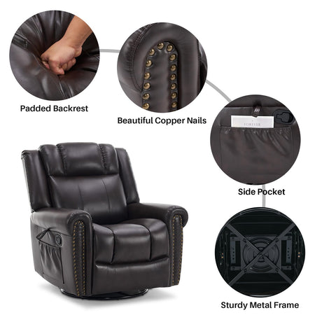 SOFTHION Swivel Rocker Recliner Chair, Leather Massage Vibration Heat Traditional Manual Recliner for Adults, Single Sofa for Living Room, Bedroom Home Theater Seating, Glider, Brown SOFTHION