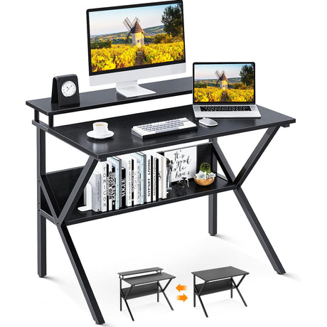 ODK Small Computer Desk, 27.5 Inch, Compact Tiny Study Desk with Storage and Monitor Stand for Home Office, Small Spaces, Black ODK