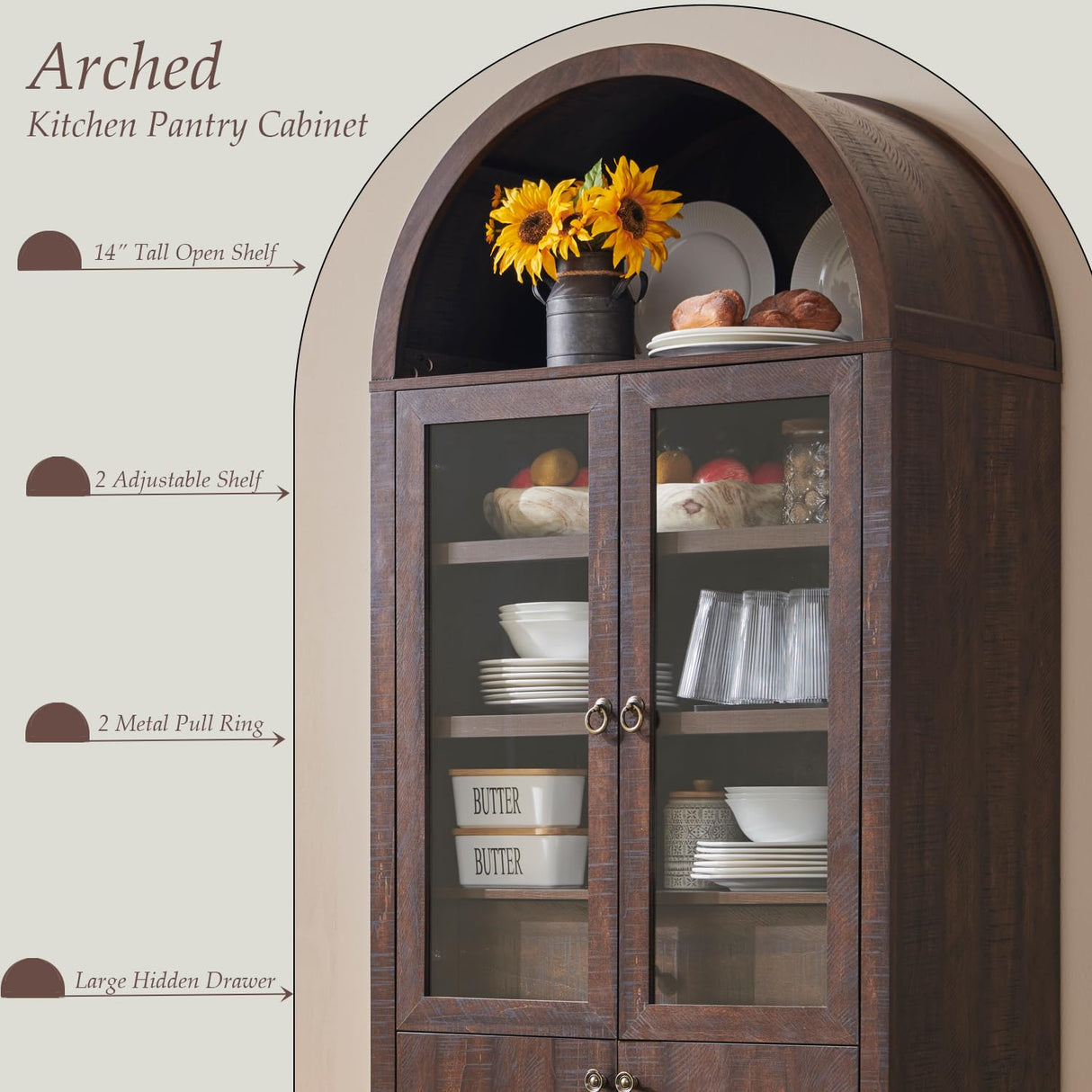 IFGET 71" Tall Arched Kitchen Pantry Cabinet, Modern Farmhouse Kitchen Storage Cabinets with Open & Adjustable Shelves, Hidden Drawer & Glass Door, Versatile Cupboard for Kitchen, Dining Room, Brown IFGET