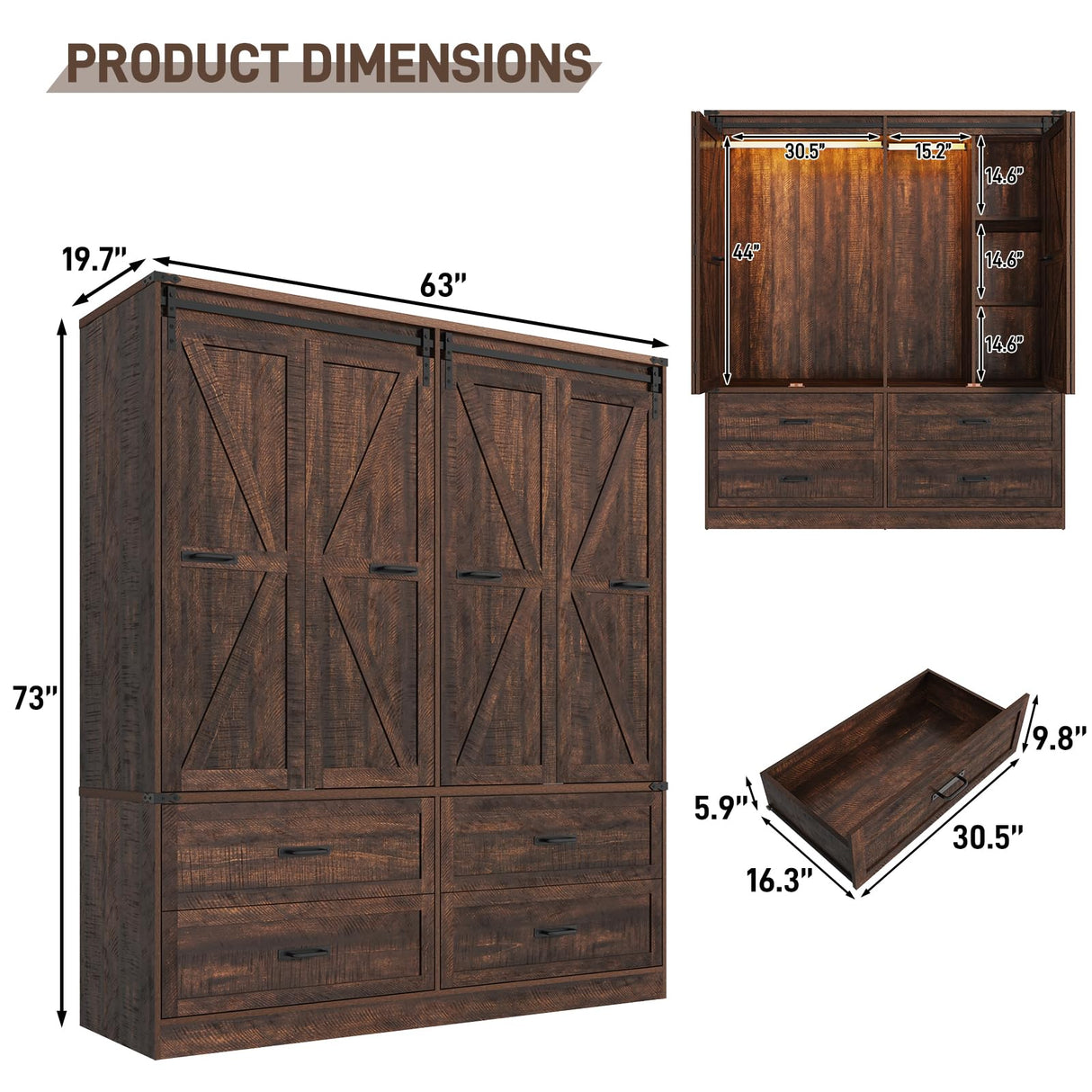 Farmhouse 4 Doors Armoire Wardrobe Closet w/Folding Sliding Barn Door and Lights, LED Armoire Closet w/Drawers for Bedroom, Freestanding Wooden Wardrobe Storage Closets w/Hanging Rod,Rustic Brown jiteentarou