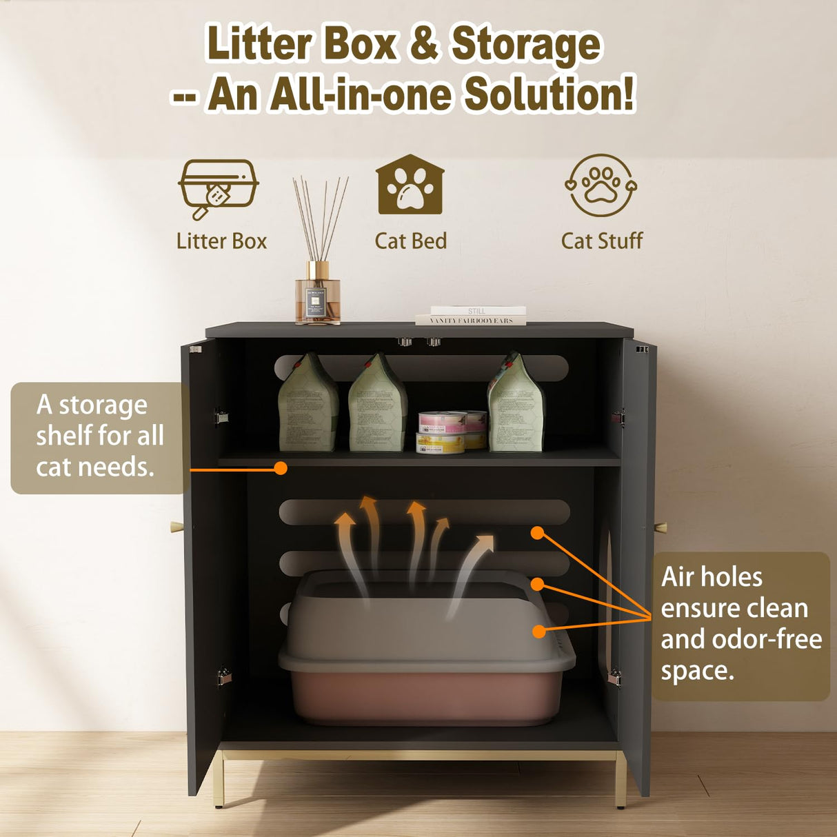 Convend Stylish Cat Litter Box Enclosure, Modern Hidden Litter Box Furniture with Tall Legs, Side Entrance, and Dual Use as End Table for Living Room or Bedroom (Black & Gold) Naisee